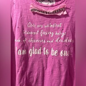 A Rare Bird Pink Distressed Graphic Tee with Whimsical Text L/XL